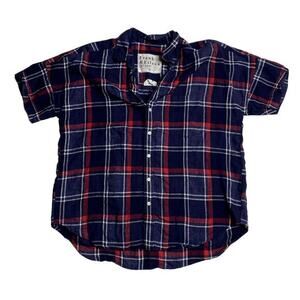 Frank & Eileen Linen Plaid Button Shirt Size Small‎ Short Sleeve Blue Oversized